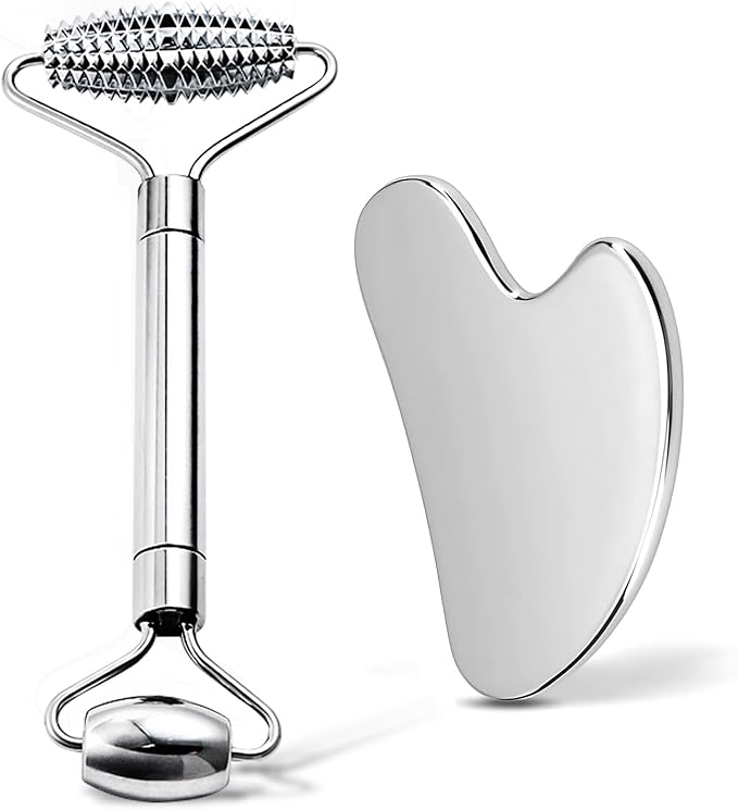 erdnretl Gua Sha Facial Tools and Face Roller Set, Stainless Steel Facial Sculpting Eyes Roller Guasha for Face, Chin & Jawline Sculpting,Skin Care (Silver)