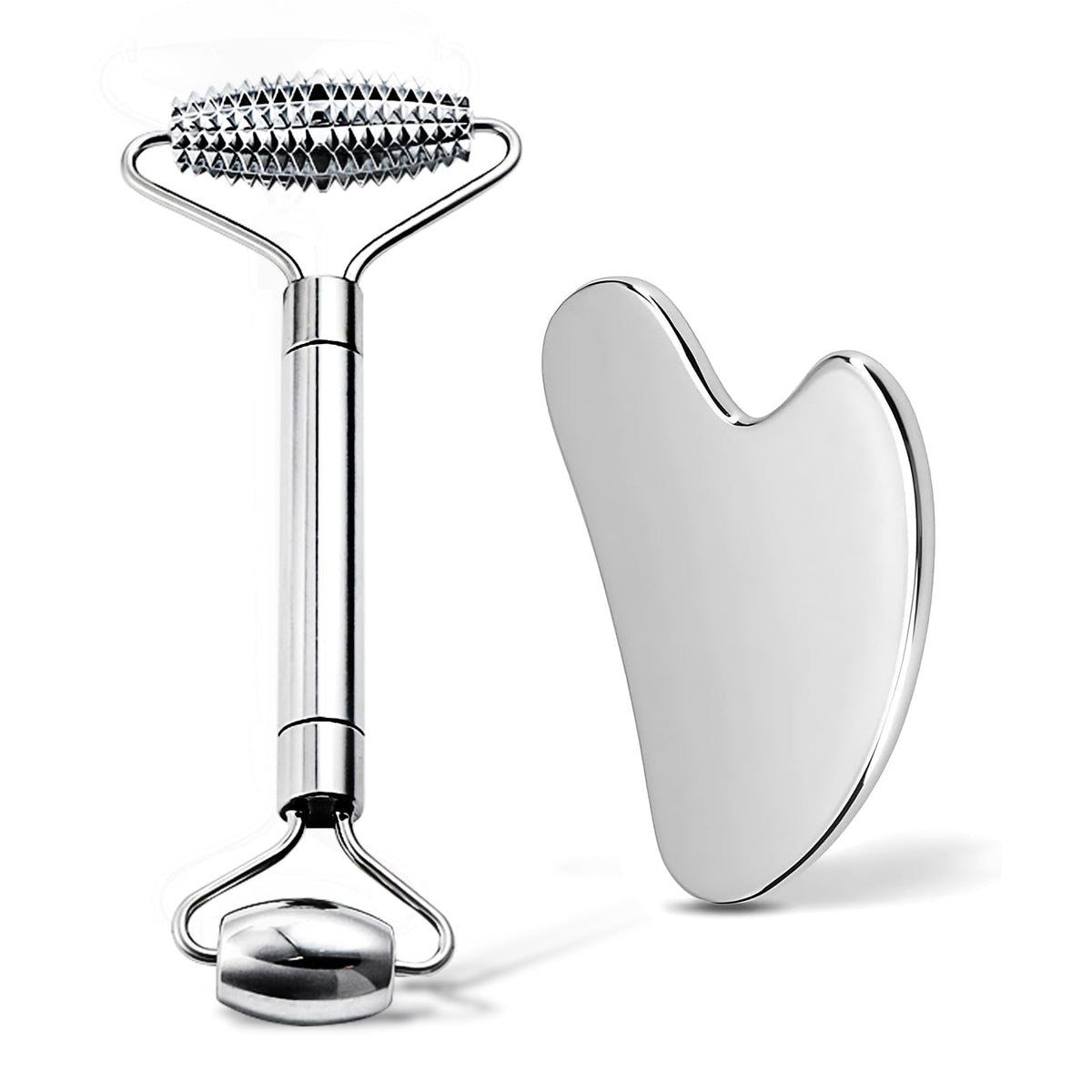 erdnretl Gua Sha Facial Tools and Face Roller Set, Stainless Steel Facial Sculpting Eyes Roller Guasha for Face, Chin & Jawline Sculpting,Skin Care (Silver)