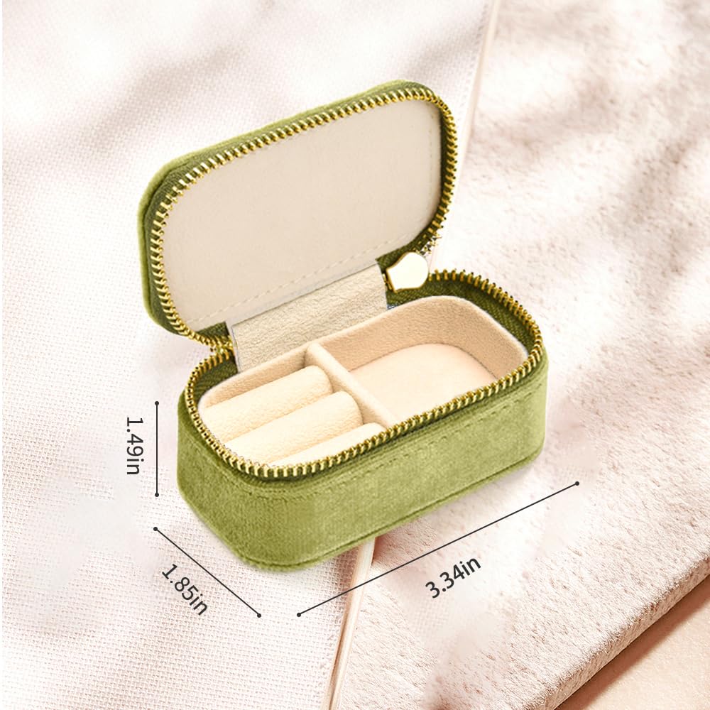 TAIMY Small Travel Jewelry Case, Mini Tiny Plush Velvet Jewelry Box for Women and Girls, Pocket Size Jewelry holder organizer for Rings Earrings and Small Items(Mistletoe Green)