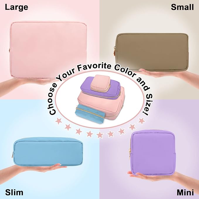 Nylon Large Makeup Bag Travel Pouch for Women, Preppy Big Pink Makeup Bag Cute Cosmetic Zipper Pouch Purse, DIY Chenille Letter Bag Waterproof Toiletry Bag Clutch Makeup Organizer for Women Girl(Pink)