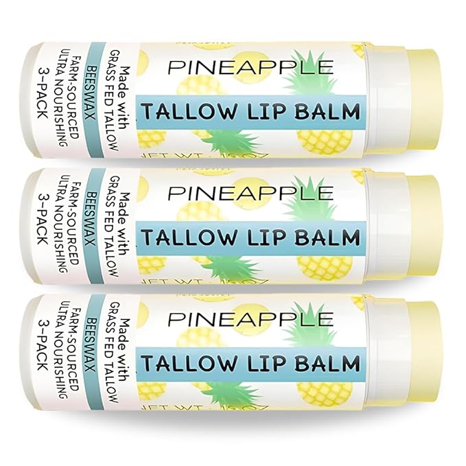 Tallow Lip Balm by Cattle Creek – All-Natural Ingredients, Long-Lasting Moisture and Hydration for Dry, Cracked, and Chapped Lips, Soothing Formula for Soft Skin (Pack of 3, Pineapple)