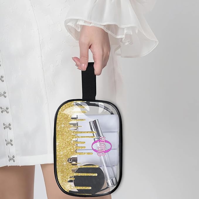 KFNHN Personalized Clear Makeup Bag with Name, Transparent Travel Cosmetic Bag for Women, Friends, Mother's Day, Bridesmaid, Bride, Wedding, Graduation, Yellow Glitters Water Fluid Shape Sequins