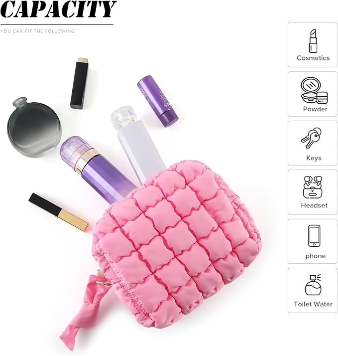 Puffy Quilted Makeup Bag Small Puffer Bag Cosmetic Bags Travel Toiletry Purse for Women, Cute Organizer Pouch, Beige