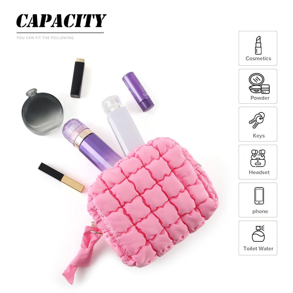 FDINF Puffy Quilted Makeup Bag Small Puffer Bag Cosmetic Bags Travel Toiletry Purse for Women, Cute Organizer Pouch, Beige