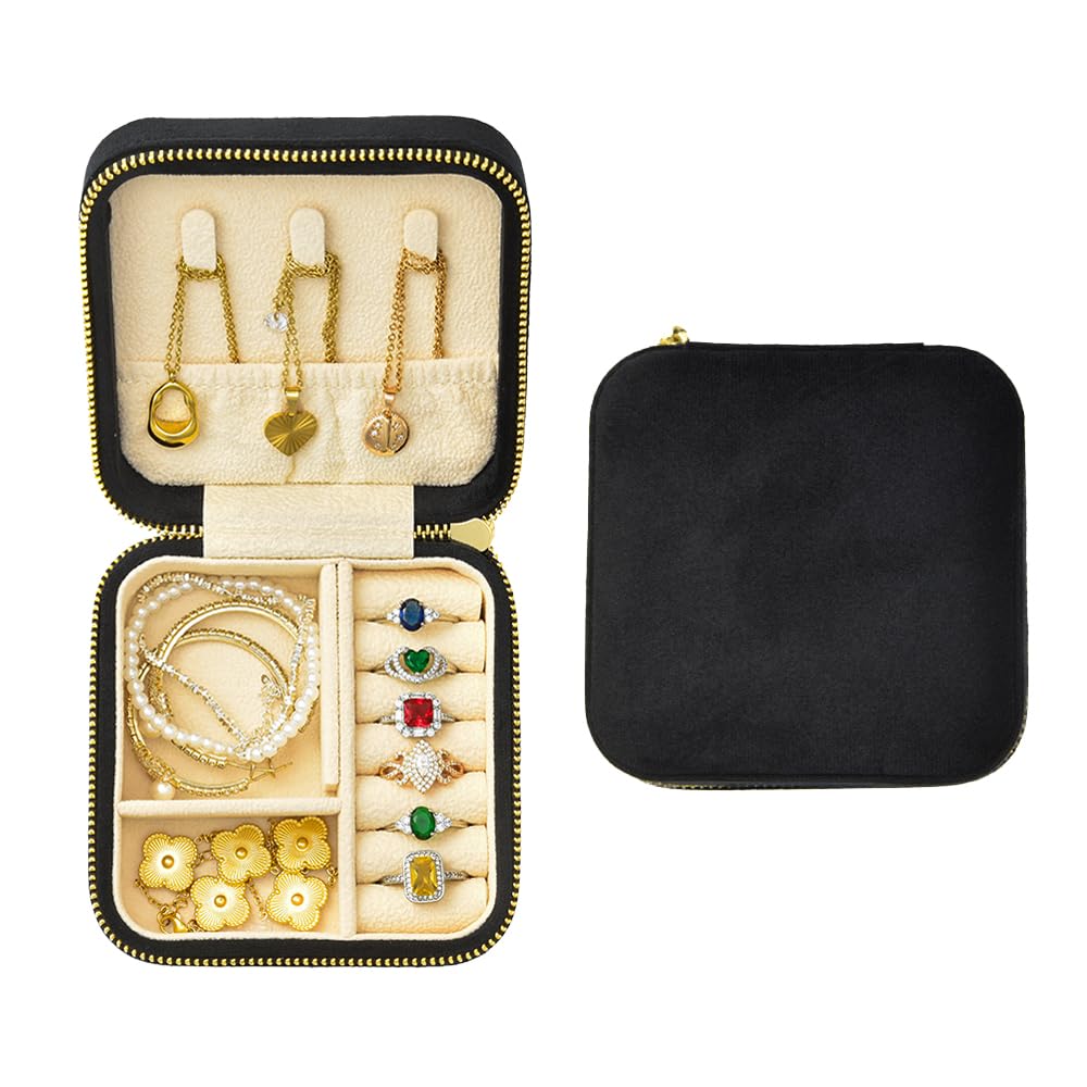 TAIMY Travel Jewelry Case, Small Plush Velvet Jewelry Box for Women and Girls, Portable Jewelry holder organizer for Rings Earrings Necklaces Bracelets(Black)