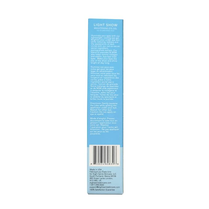 Eight Saints Light Show Brightening Eye Gel, Anti Aging Cooling Eye Gel to Reduce Puffiness, Wrinkles and Calms Under Eye Skin, with Peptides, MSM, and Hyaluronic Acid, 0.5 Ounces