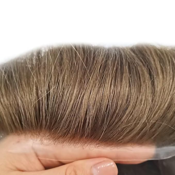 FACE MIRACLE Lace Front Mens Toupee Human Hair System Swiss Lace Center Toupee for Men Thin Skin PU Around Hair Replacement System V-Looped Mens Hair Wig Units 6"X9" 17R#BROWN/BLONDE MIX WARM TONE
