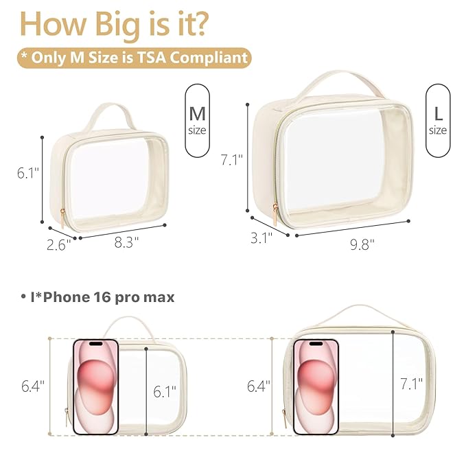 PACKISM Clear Makeup Bag Travel - TSA Approved Toiletry Bag, 2 Cream White