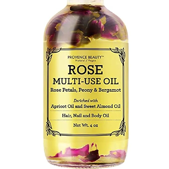 BEAUTE DE PROVENCE Multi-Use Oil for Face, Body and Hair - Organic Blend of Apricot, Vitamin E and Sweet Almond Oil Moisturizer for Dry Skin, Rose Petals, Bergamot Essential Oil - 4 Fl Oz