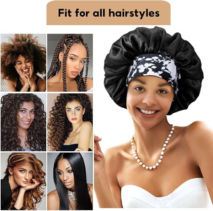 3+3 Large Satin Bonnets with Scrunchies for Women, Wide Band Hair Bonnet for Sleeping Braids Curly Hair, D