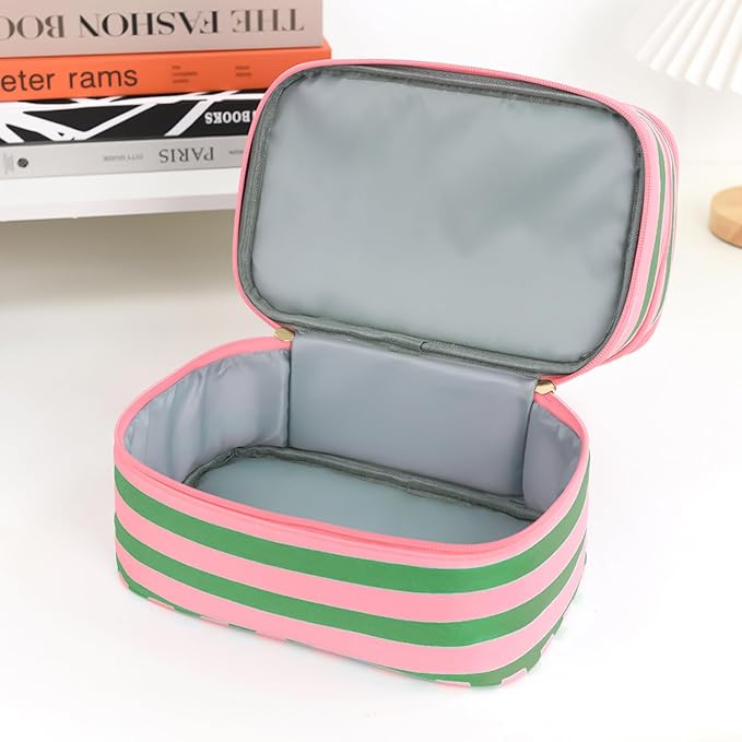 Apxouans Three Layer Makeup Bag for Women Fashion Stripes Cosmetic Bag Preppy Style Travel Water-Resistant Toiletry Bag for Storage Toiletries Cosmetics Sets for Women Teen Girls Green