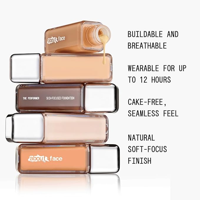 about-face THE PERFORMER Skin-Focused Foundation D1Neutral – Medium Coverage, Long-Wear, Breathable & Buildable Base – Clean, Vegan, Hydrating Formula with Blue Agave & Chlorella – 1.08oz