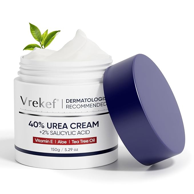 VREKEF Urea Cream 40 Percent with 2 Percent Salicylic Acid, Foot & Hand Cream for Dry Cracked Heels, Callus Softener for Feet, Exfoliating Foot Cream for Rough Thick Skin, 5.29 oz
