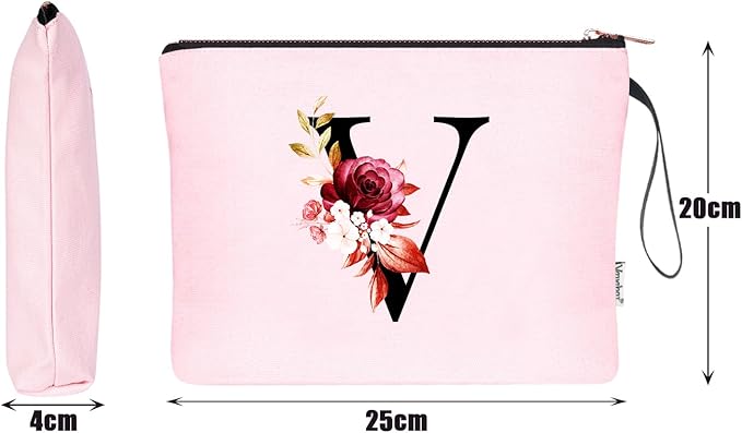 Vavabox A-Z Personalized Makeup Bag, Birthday Gifts for Women Mom, Gifts for Best Friend, Bride Bridesmaid Cosmetic bag (V, 06-Pink)