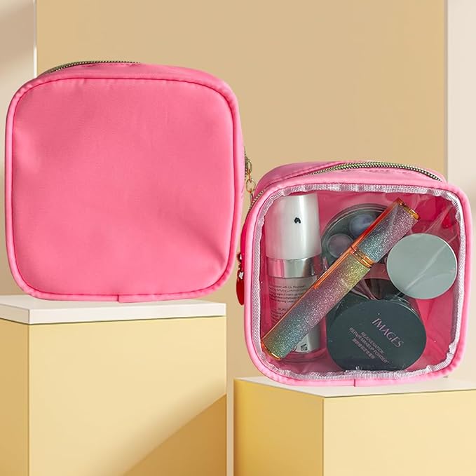 TotePrint 2PCS Pink clear Cosmetic Pouch Travel Cosmetic Case 5x5x2 inch Small Transparent Toiletry Pouch with Zipper Portabble Makeup Organizer for Women and Essentials