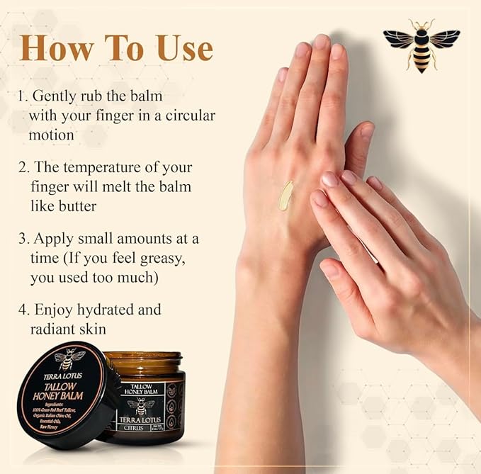Terra Lotus - Organic Grass-Fed Beef Tallow Balm with Raw Honey - Moisturizing Cream - Handmade All-Natural Moisturizer (2 Oz, Unscented)