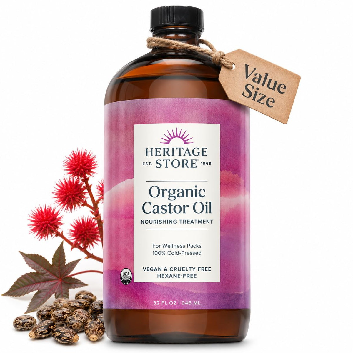 HERITAGE STORE Organic Castor Oil, Cold Pressed Hexane Free, 16 fl oz