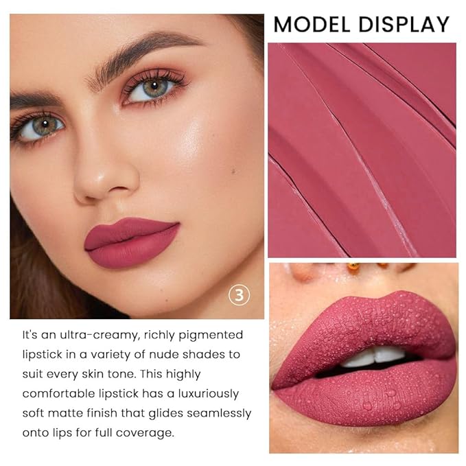 evpct 3Pcs Nude Pink Beige Rose Mauve Matte Lipstick Pack Sets for Women Silky Velvet Lipstick Matte Long Lasting Smudge Proof Lipsticks Lip Stain Makeup Set Kit matte lipstick 24 hours original 03