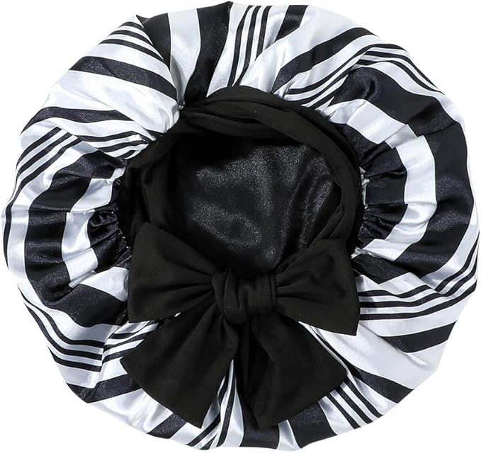GDTOGRT Satin Silk Bonnet for Sleeping Women, Double Layer Sleep Hair Bonnets Caps for Curly Natural Hair with Tie Band -Black Stripe
