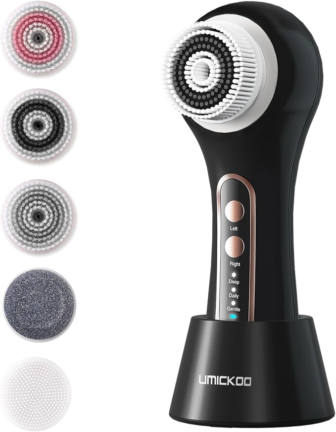 UMICKOO Electric Facial Cleansing Brush, 2-Way Rotating Face Scrubber for Daily & Deep Cleaning, 3 Modes, 5 Brush Heads, Rechargeable, IPX7 Waterproof for All Skin Types