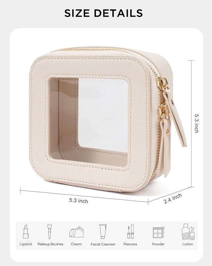 LETGO Clear Makeup Bags for Beach,Clear Makeup Bag for Purse,Mini Clear Makeup Pouch Purse Organizer Fit Carry-on Travel Essentials,Clear Cosmetic Bags for Car Accessories for Women (Mini-Beige)