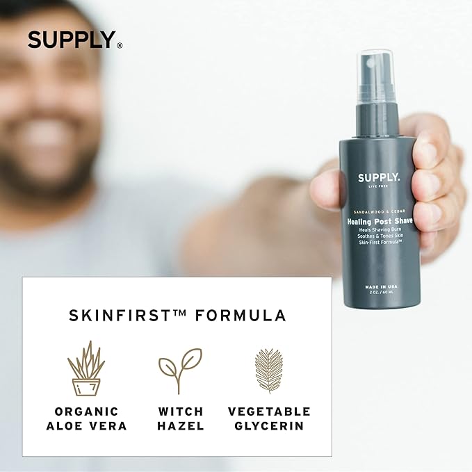 SUPPLY Healing Post Shave Spray for Men – Alcohol-Free Aftershave to Soothe Irritation, Hydrate Skin & Reduce Razor Burn – Sensitive Skin Friendly – Sandalwood & Cedar, 2 oz