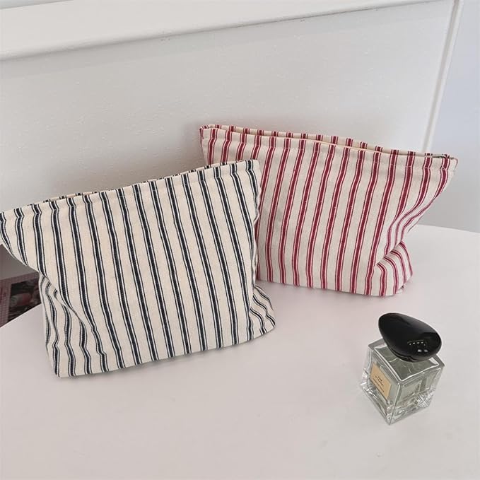 Flat Makeup Bag for Women,Zipper Cosmetic Pouch,Vintage Stripe Navy Blue