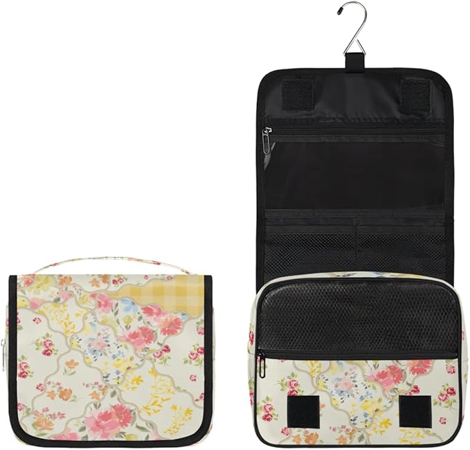 OMFUNS Yellow Flower Travel Toiletry Bag with Hanging Hook for Women and Girls, Rose Floral Cosmetic Makeup Case Organizer for Accessories, Shampoo, Full Sized Container, Toiletries