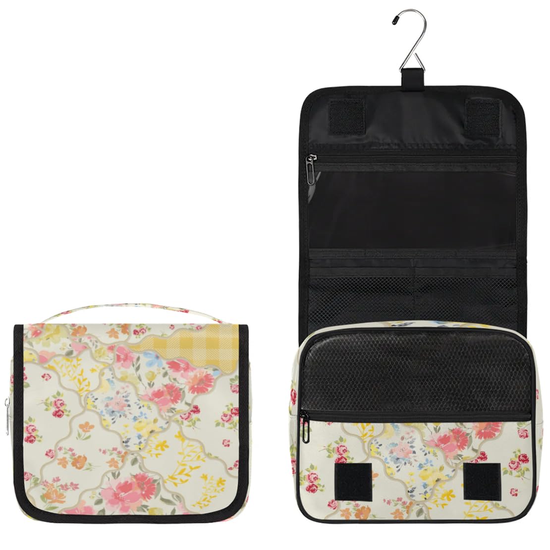 OMFUNS Yellow Flower Travel Toiletry Bag with Hanging Hook for Women and Girls, Rose Floral Cosmetic Makeup Case Organizer for Accessories, Shampoo, Full Sized Container, Toiletries