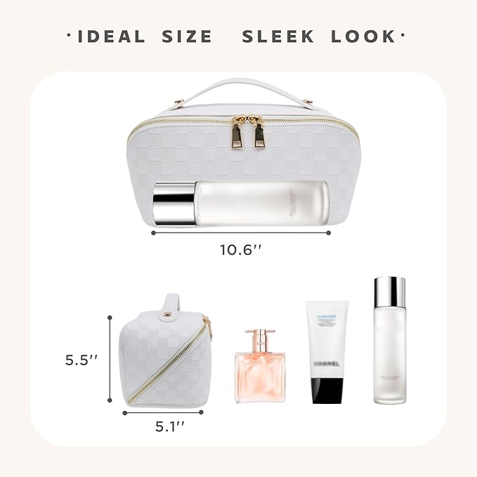 JINYIBAGS Travel Makeup Bag – Large Cosmetic Organizer with Waterproof PU Leather, Smooth Double Zipper & Tear-Resistant Lining, Toiletry Pouch for Women (White)