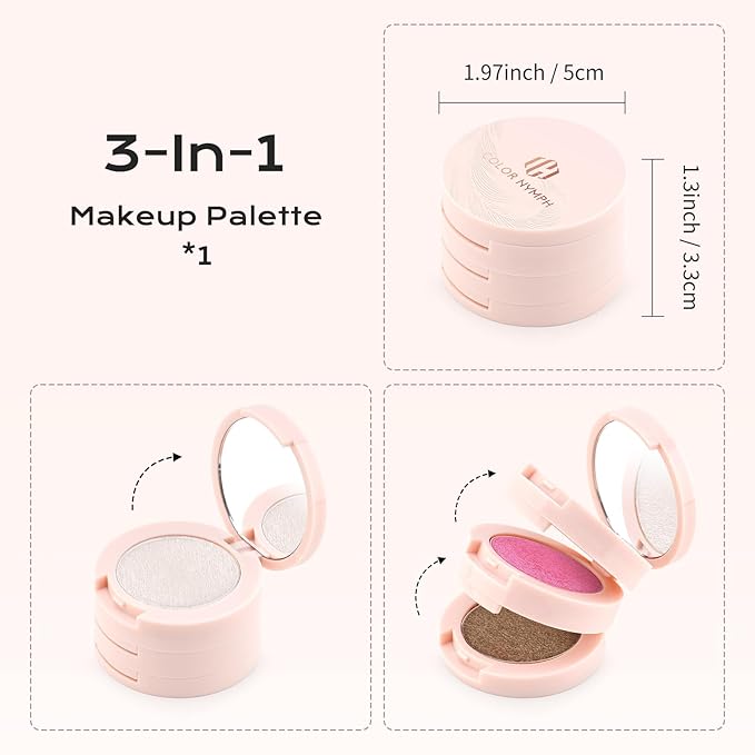 Color Nymph All in One Contour Palette with Blush & Highlighter, 3-in-1 Mini Makeup Palette with Mirror, Travel-Friendly MakeUp Kit, Vegan & Cruelty-Free - Starlit Glow