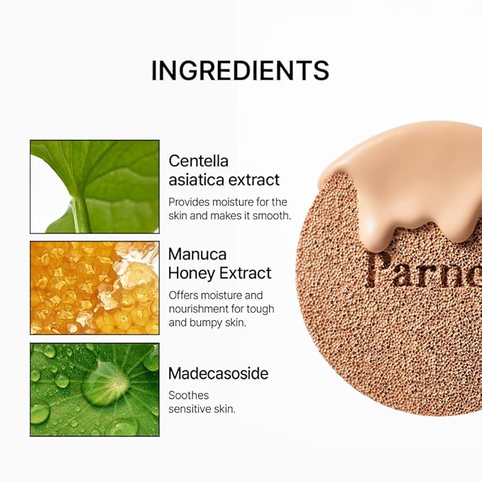 Parnell Cicamanu Serum Cushion - Moisturizing Foundation for Soothing, Coverage, Glass Skin and Lightweight for Sensitive and Dry Skin Pearl Skin (0.52 Fl Oz) (33W)