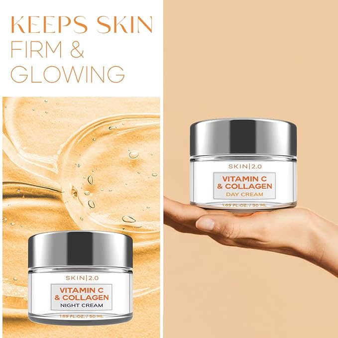 Skin 2.0 Vitamin C & Collagen Face Moisturizer – Anti Aging Day & Night Cream for Smooth & Radiant Skin, Firms & Restores Dull Complexion – Dermatologist Tested, Korean Skin Care Set, Vegan – Duo Pack