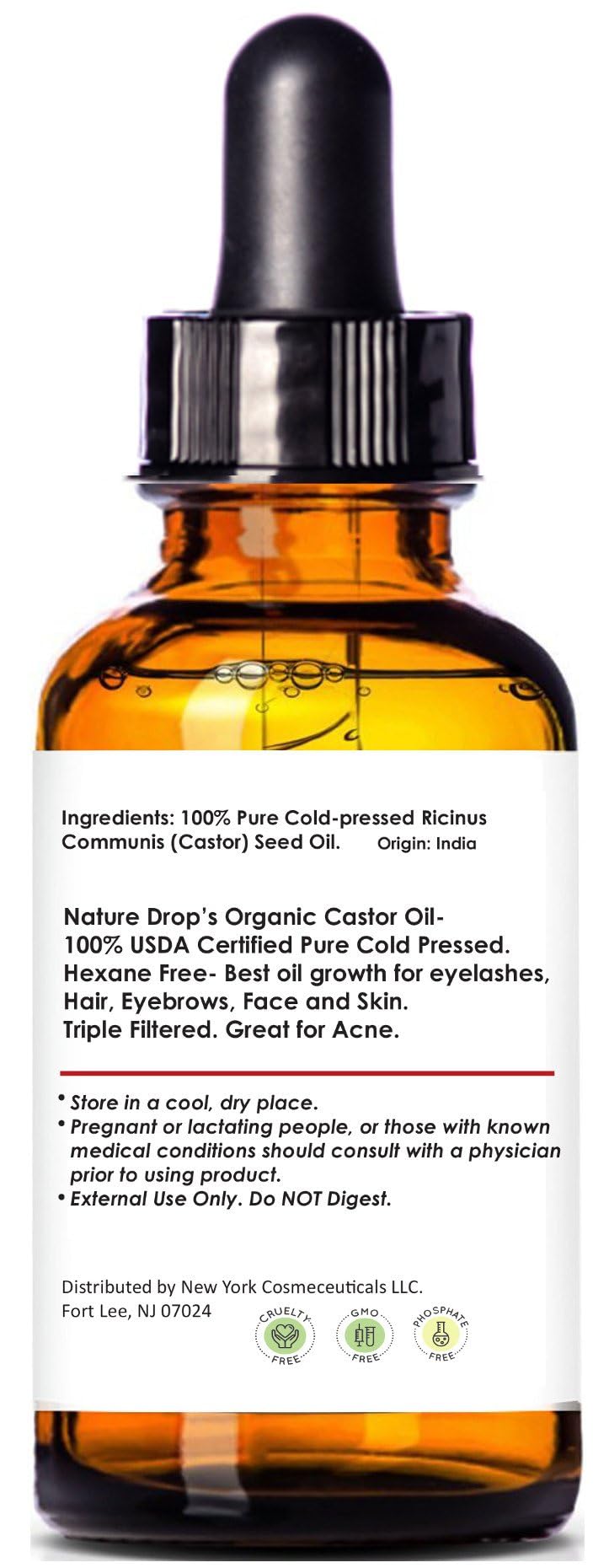 Nature Drop Organic Castor Oil,1 oz - 100% USDA Certified Pure Cold Pressed Hexane free - Best oil Growth For Eyelashes, Hair, Eyebrows, Face and Skin, Triple Filtered, Great for Acne