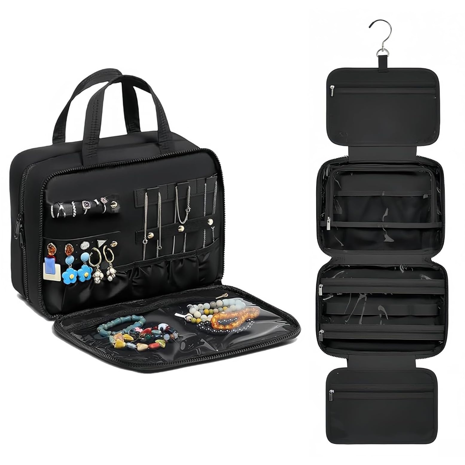 Inmorven Travel Hanging Toiletry Bag for Women, Makeup Cosmetic Bag with Jewelry Organizer, Waterproof DoppKit Set for Girls Large Capacity, Carry-on Travel Accessories Essentials - Black