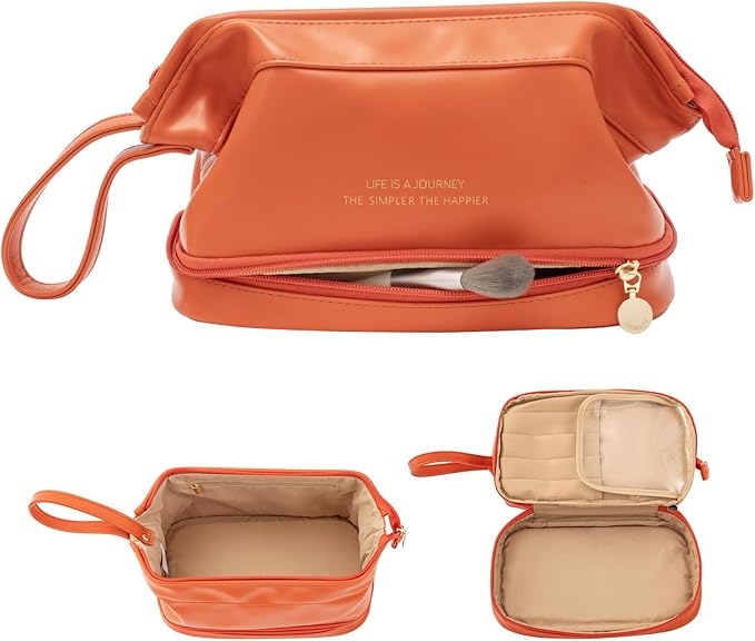 Abiudeng Large Makeup Bag for Women,Travel Makeup Organizer with Brush Holder, Dopp Kit Essentials,Waterproof Lozenge Cosmetic Bag for Traveling,Multi Compartment,Cute,Spacious Capacity-orange