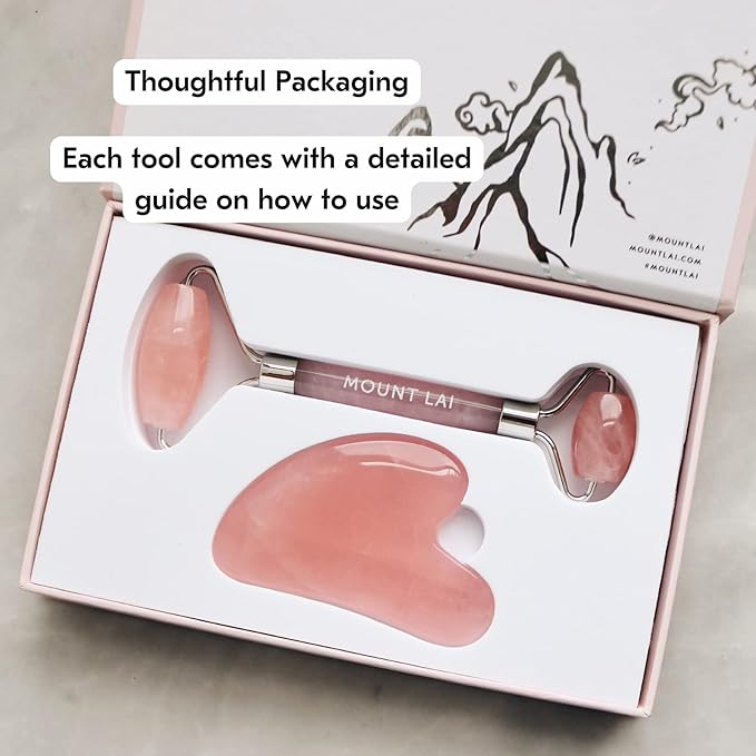Mount Lai - The Rose Quartz Facial Spa Set | Rose Quartz Face Roller and Gua Sha Set | Gua Sha Tools to Relieve Muscle Tension and Reduce Puffiness | Anti aging skin care sets for women