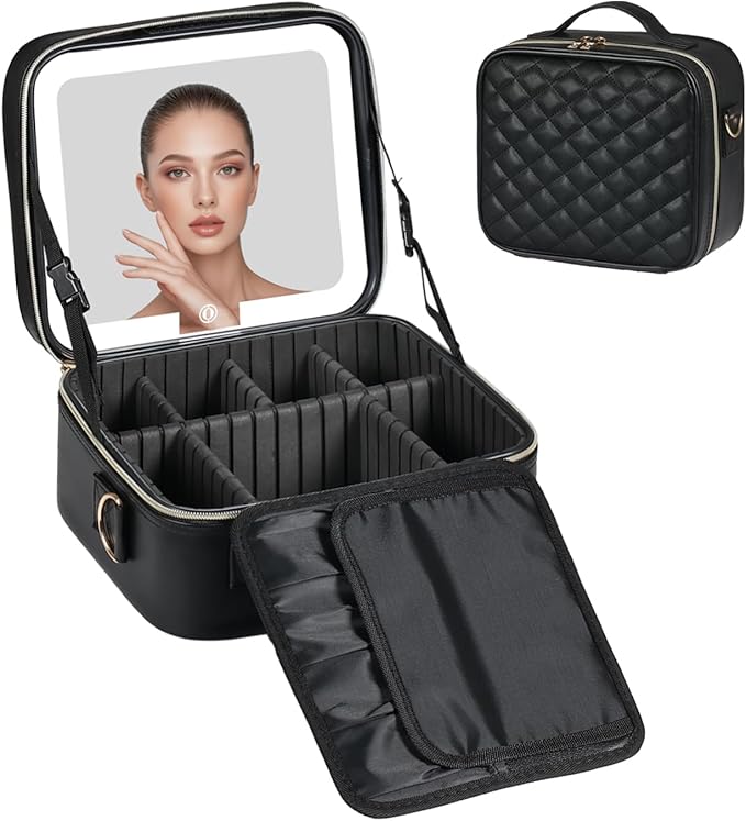 BEAUTY CASE Makeup Bag with Led Mirror, 10 Inch Portable Cosmetic Vanity Organizer Case with Adjustable Dividers, USB Charging, Large Capacity, Ideal for Travel, Gift for Women Girls, Black