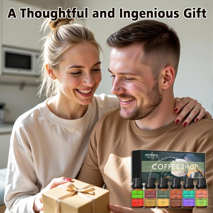 AROPERIMA Coffee Shop Fragrance Essential Oil Set - Mocha Coffee, Gingerbread, Hot Chocolate, Blueberry Muffin, French Vanilla, Cinnamon 6x10ML for Diffusers, Aromatherapy, Massage