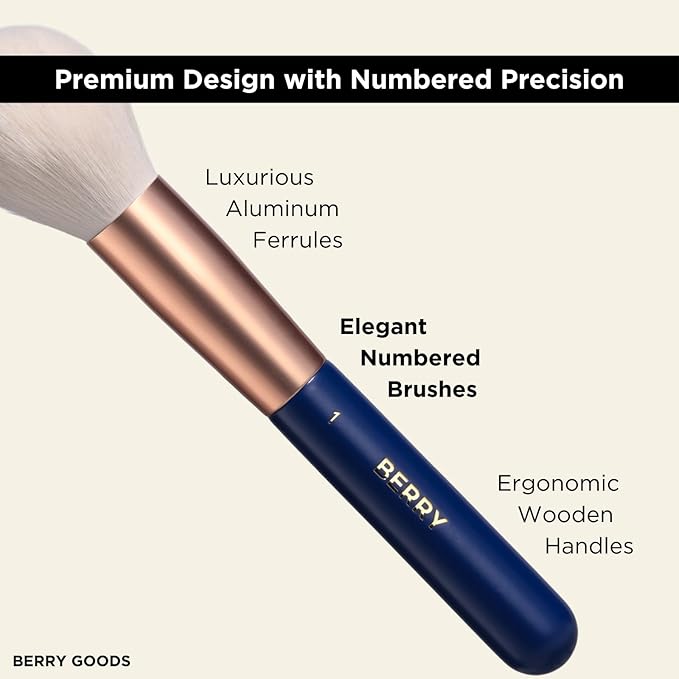 BERRY GOODS Vegan Makeup Brush Set, 12 Brushes with Travel Case, Blue