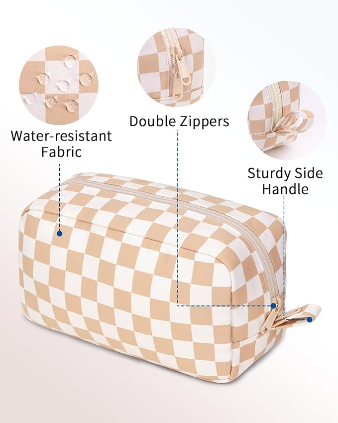 Narwey Checkered Makeup Bag Travel Cosmetic Bag Organizer, Toiletry Bag Make Up Bags with Organized Pockets for Women (Light Checkerboard, Large)