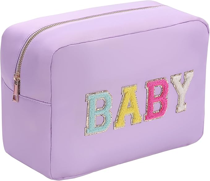 YogoRun Large Toiletry Bag Glitter Chenille Make Up Bag for Traveling Makeup Travel Organizer for Women Nylon Cosmetic Pouch with Zipper Pocket (XL,Purple-Baby)
