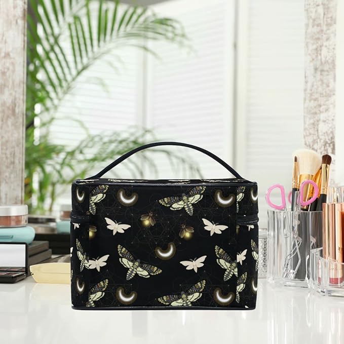 MNSRUU Goth Makeup Bag Black, Gothic Moth Butterfly Makeup Organizer Bags Toiletry Bag Box Travel Cosmetic Bag Make Up Train Case for Women Teen Girl Ladies