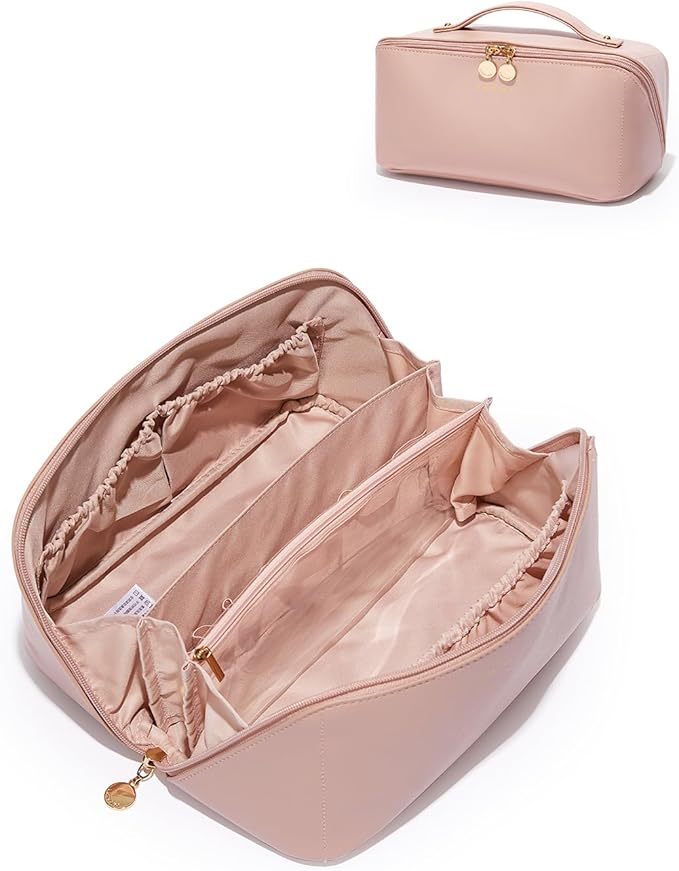 EACHY Travel Makeup Bag, Large Capacity Cosmetic Bags for Women, Waterproof Portable Open Flat Toiletry Bag Make up Bag with Divider and Handle, Gifts for Women (Pink, Large)