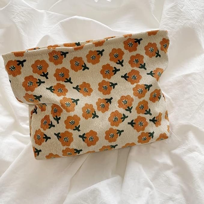 Flat Makeup Bag for Women,Zipper Cosmetic Pouch for Purse,Flower Yellow