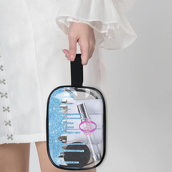 KFNHN Custom Makeup Toiletry Bag, Personalized Clear Travel PVC Cosmetic Organizer Case Portable Bag with Zipper, Light Sky Blue Fluid Shape Sparkly Glittery