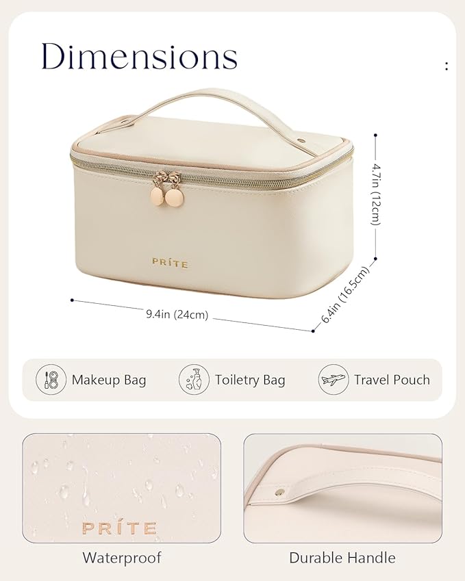 Prite Makeup Bag Travel Cosmetic Case, Women Toiletry bag Organizer, Beige
