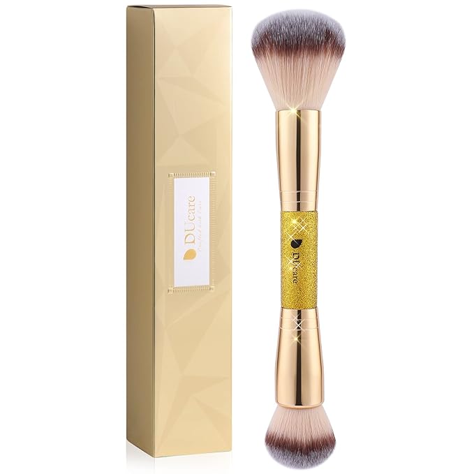 DUcare Dual End Powder Kabuki Makeup Brush Gold Glitter Vegan Synthetic for Liquid Cream Setting Powder