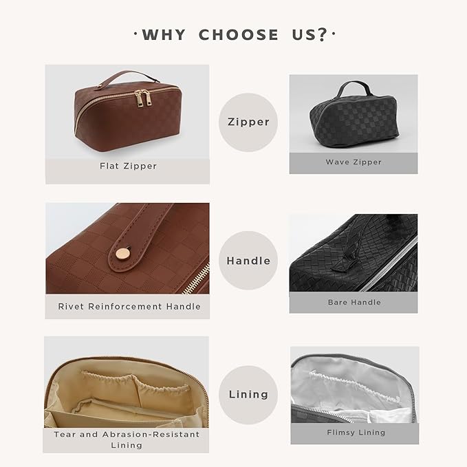 JINYIBAGS Travel Makeup Bag – Large Cosmetic Organizer with Waterproof PU Leather, Smooth Double Zipper & Tear-Resistant Lining, Toiletry Pouch for Women (Brown)