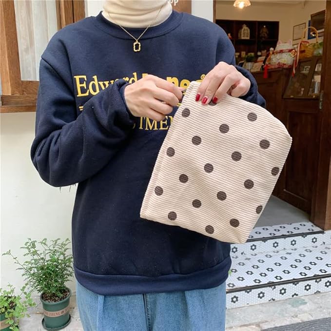Flat Makeup Bag for Women,Zipper Cosmetic Pouch for Purse,Polka Dot Beige